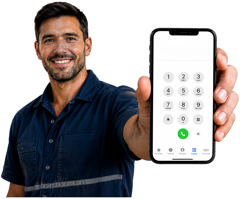 Willoughby Blocked Drains plumber holding a phone — call 1300 261 965