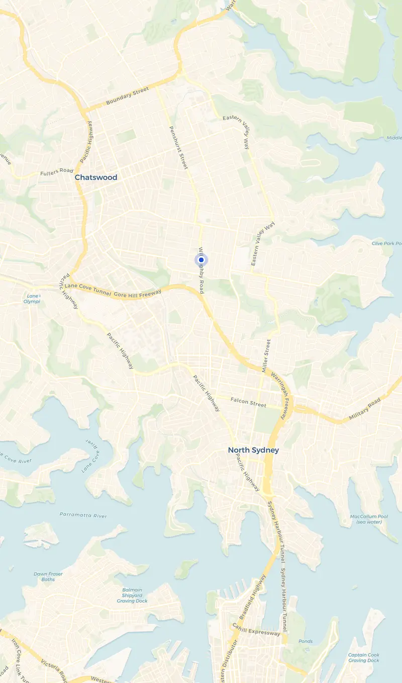 Map of the Willoughby service area and the surrounding suburbs we cover.