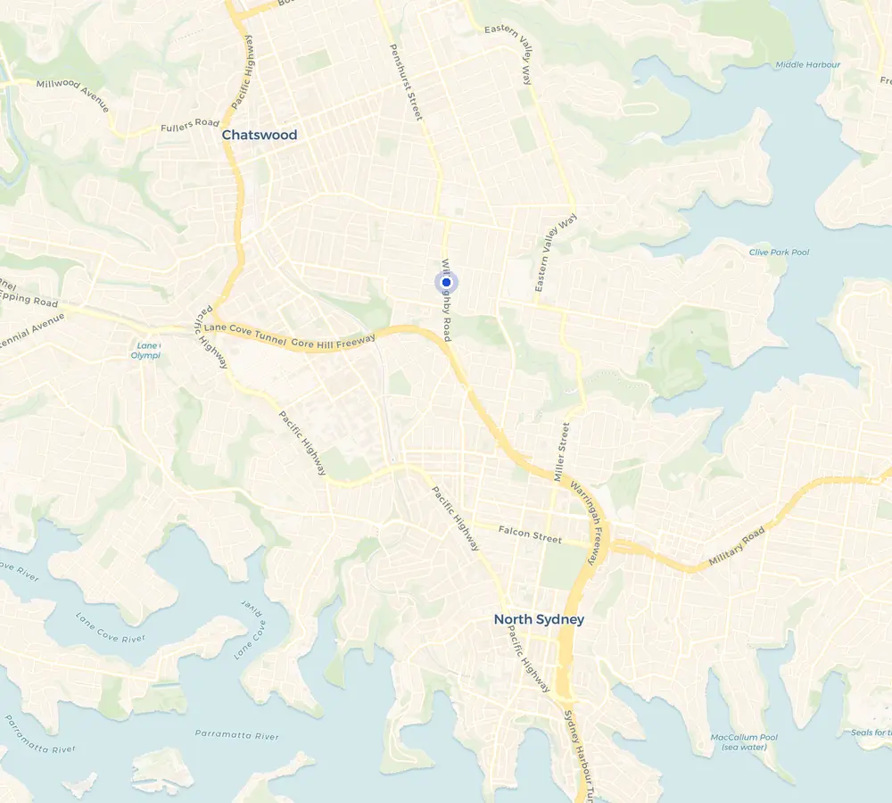 Map of the Willoughby service area and the surrounding Lower North Shore, showing Willoughby and the nearby streets we cover.