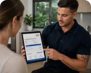 Plumber showing a Willoughby customer the quote on a tablet