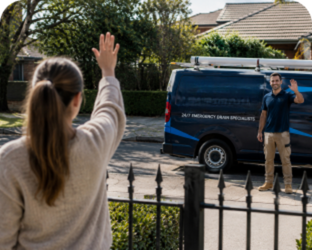 Customer waving goodbye to a Willoughby Blocked Drains plumber